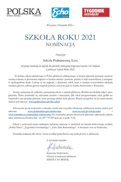 List nominacyjny w plebiscycie 'Szkołą Roku 2021