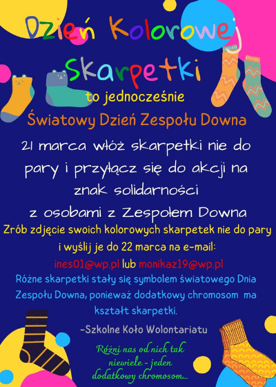 Plakat zapraszający do akcji Dzień Kolorowej Skarpetki
